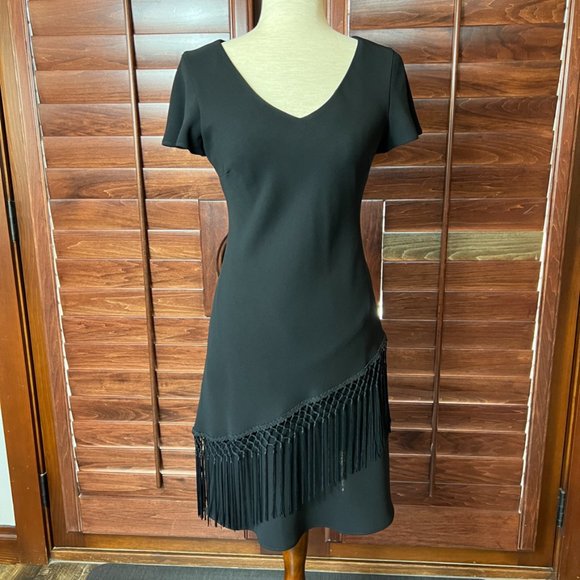 S.L. Fashions black dress with fringe Size 6 Petite EUC - Picture 2 of 7